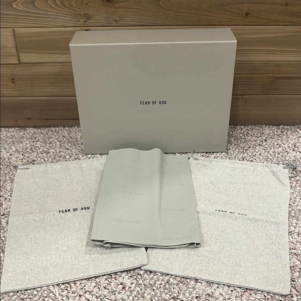 FEAR OF GOD Shoe Box (14”x10 1/4”x4.5”), Shoe Dust Bags and Embossed Tissue